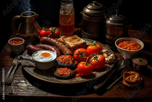 Hearty Traditional English breakfast plate. Fried eggs and sausages combinate with beans and tomatoes. Generate ai photo