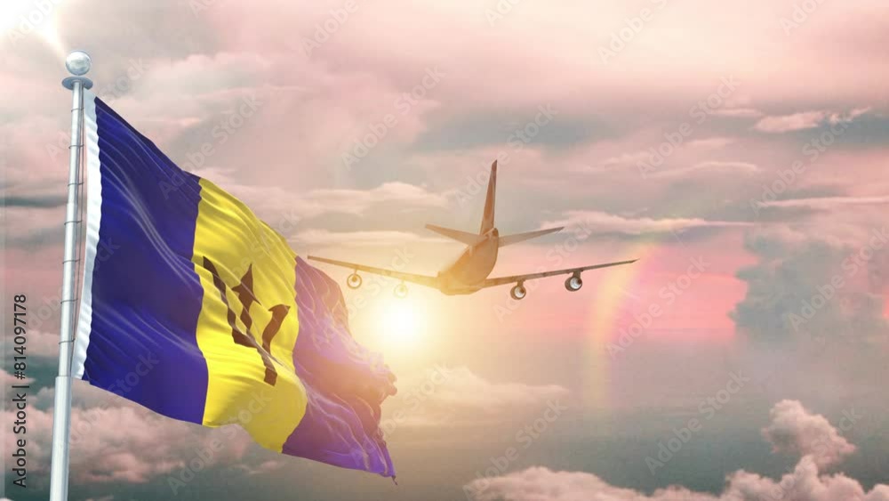 Barbados flag Waving Realistic With Sky Plane Takes Off At Sunrise