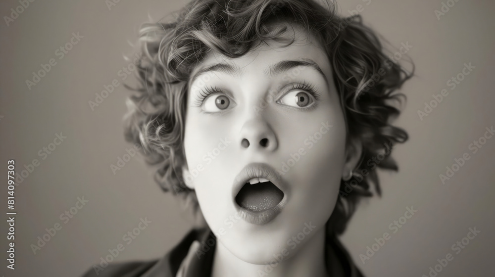 A woman with curly hair looking surprised. A woman with curly hair looking surprised.