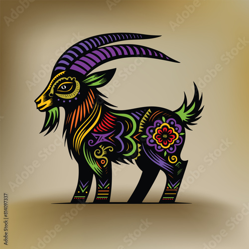 the symbol of goat with colorful patterns and horns on the beige background