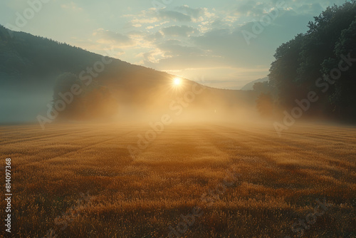 A misty morning enveloping a tranquil countryside  the soft light filtering through the fog casting an ethereal glow over the landscape. Concept of mystery and anticipation. Generative Ai.