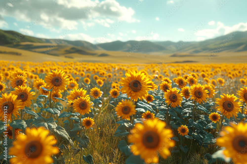 Obraz premium A sun-kissed field of sunflowers stretching towards the horizon, their golden petals swaying in the gentle breeze like dancers in a choreographed ballet. Generative Ai.