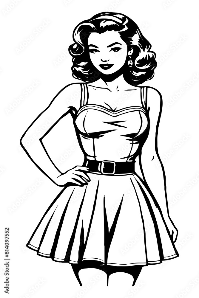 Black and white illustration. Fictional female character in the Pin Up style. Generated by Ai Black and white illustration. Fictional female character in the Pin Up style. Generated by Ai