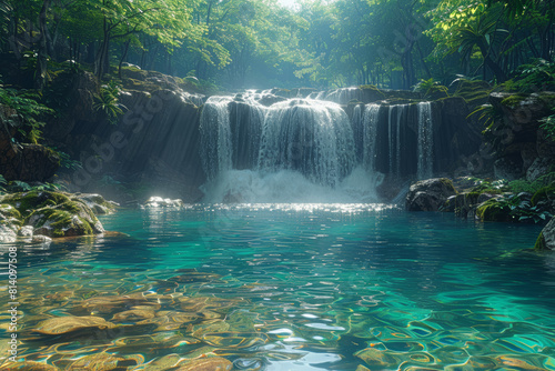 A secluded waterfall hidden within a lush forest  its cascading waters forming a crystal-clear pool at the base  inviting weary travelers to rest and rejuvenate.  Generative Ai.