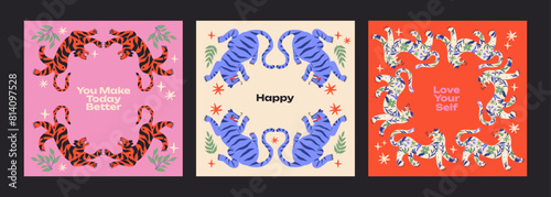 Abstract tropical posters with tigers and leaves in a 90s retro cartoon style. Asian and Chinese motifs, floral pattern with tigers and leorards.