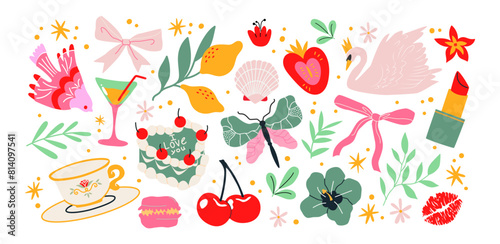 Cartoon doodle groovy stickers set. 90s cute design. Bows, swans, butterflies, flowers, plants. Retro hippie acid set. Trendy patches, labels, tags, stickers, stamps