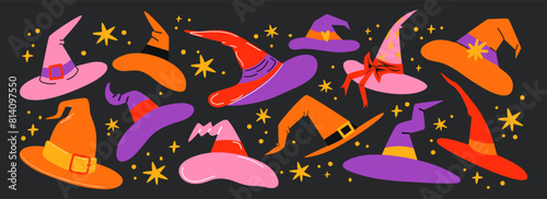 Set cartoon witch hats of various shapes.Doodle Halloween headdresses, retro 90s magic stickers.
