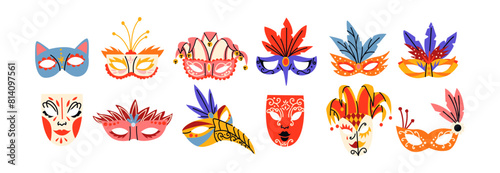 Set of carnival Venetian masks. Cartoon masquerade masks for party, parade, festival with feathers, decorations in 90s hippie groovy style