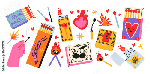 Set cartoon matches. Burning fire, matchboxes, match burns, flame, spark. Vector set of elements stickers	