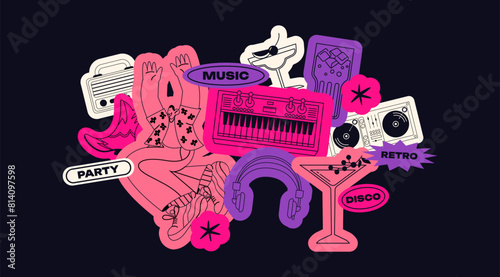 Retro disco party 90s stickers. Trendy patches, labels, logos for a fun music party. Vinyl, musical instruments, cocktails drawn in doodle groovy style