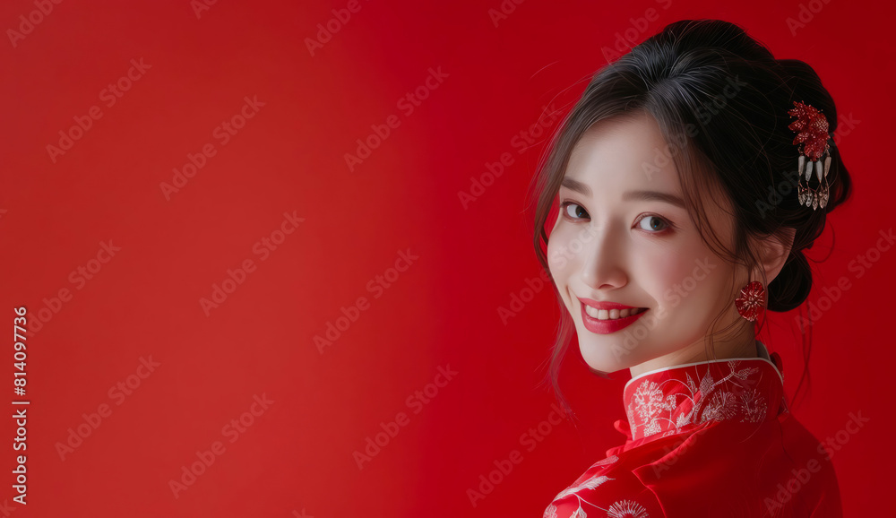 A woman in a red dress is smiling. A woman in a red dress is smiling.