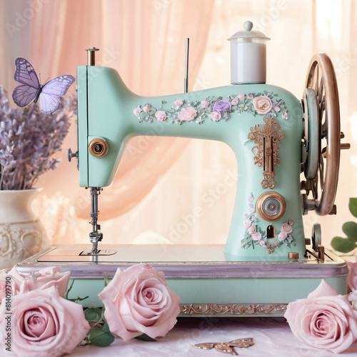 Antique sewing machine. Illustration for a sewing studio in the style of the nineteenth century.