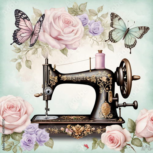 Antique sewing machine. Illustration for a sewing studio in the style of the nineteenth century.