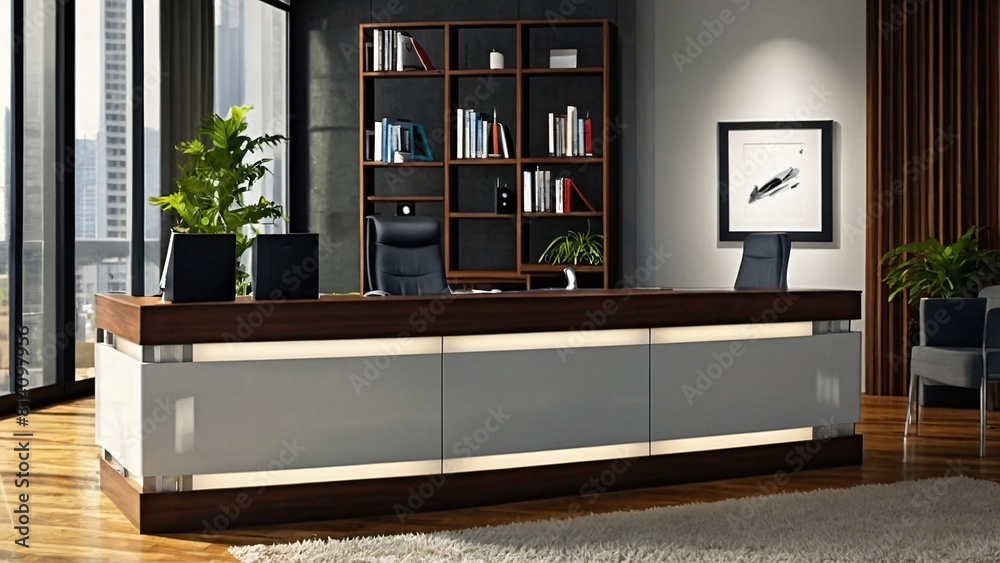 Fototapeta premium a floating desk design for the reception area, mounted directly to the wall with hidden brackets, maximizing floor space and maintaining a minimalist aesthetic.