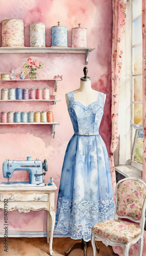 Watercolor drawing of the interior of a sewing workshop. A bright, cozy antique room with a sewing machine, rolls of fabric and accessories. Illustration for a sewing studio. Workplace