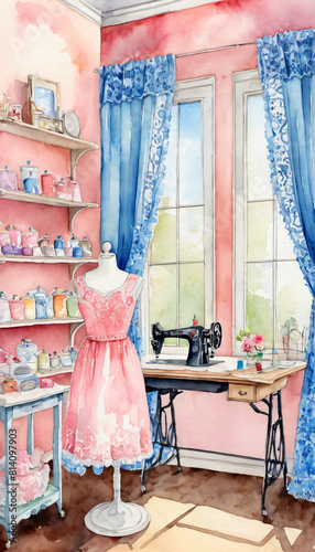 Watercolor drawing of the interior of a sewing workshop. A bright, cozy antique room with a sewing machine, rolls of fabric and accessories. Illustration for a sewing studio. Workplace