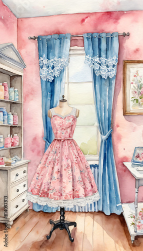 Watercolor drawing of the interior of a sewing workshop. A bright, cozy antique room with a sewing machine, rolls of fabric and accessories. Illustration for a sewing studio. Workplace