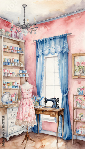 Watercolor drawing of the interior of a sewing workshop. A bright, cozy antique room with a sewing machine, rolls of fabric and accessories. Illustration for a sewing studio. Workplace