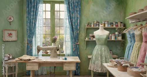Watercolor drawing of the interior of a sewing workshop. A bright, cozy antique room with a sewing machine, rolls of fabric and accessories. Illustration for a sewing studio. Workplace