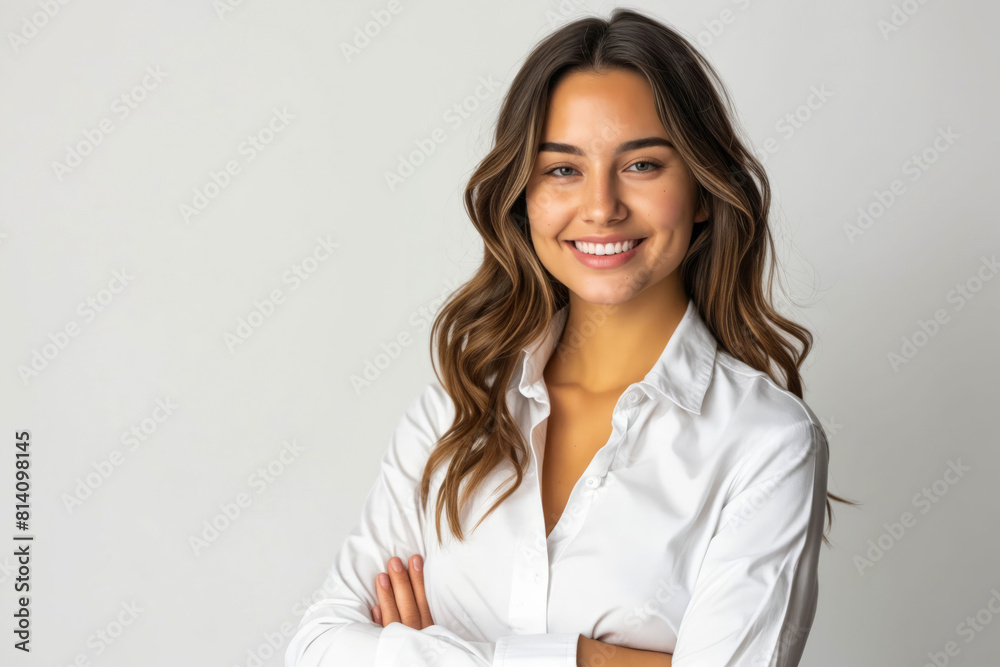 A beautiful woman in white shirt standing with her arms crossed. A beautiful woman in white shirt standing with her arms crossed.