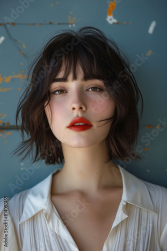 A woman with short hair and red lipstick. photo