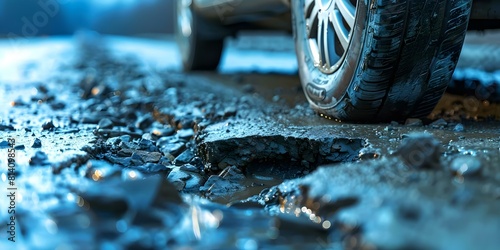 Closeup photo of car tire near pothole in road. Concept Closeup Photography, Car Tire, Pothole, Road Hazard, Automotive Detail photo