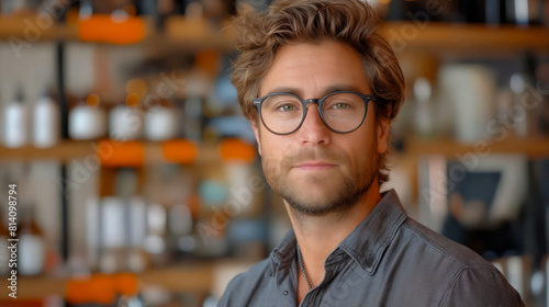 A man in glasses standing in front of a bar.