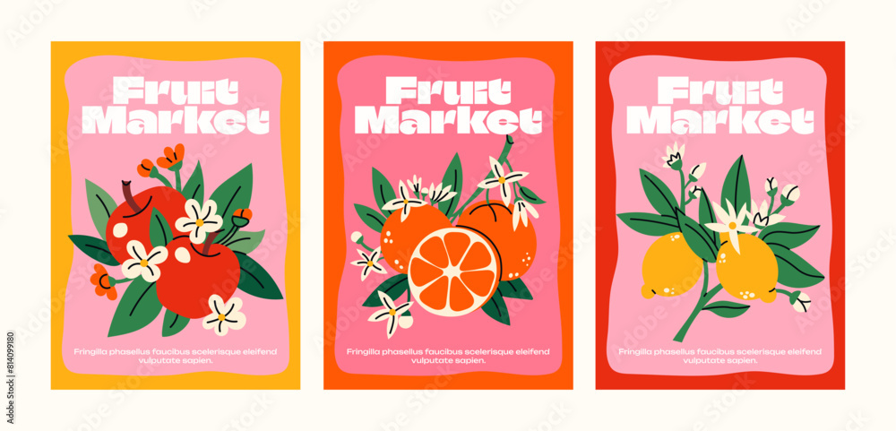 Cartoon abstract fruit posters. Retro fruits and plants lemon, orange, apple, bright groovy wall banner in 90s style
