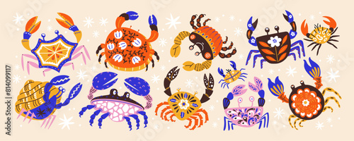 Set crabs and lobsters with patterns. Cartoon sea inhabitants, seafood in flat retro doodle style. Stickers for a restaurant or cafe. photo