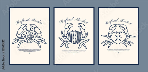 Abstract posters with crabs. Trendy minimalistic wall banner with snow crab seafood food. Vector flat cartoon illustration in 90s style