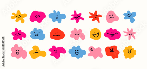 Abstract face blots with emotions. Vector doodle mascot characters with a smile. Retro doodle groovy cartoon hippie stickers in 90s style