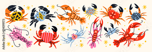 Set crabs and lobsters with patterns. Cartoon sea inhabitants, seafood in flat retro doodle style. Stickers for a restaurant or cafe. © Limpreom
