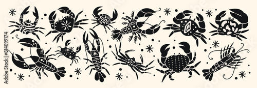 Set crabs and lobsters with patterns. Cartoon sea inhabitants, seafood in flat retro doodle style. Stickers for a restaurant or cafe.