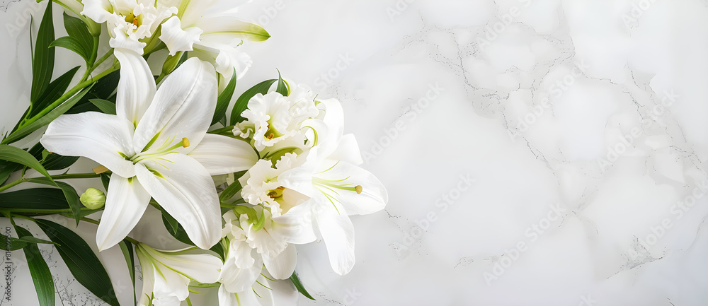 Beautiful white lilies at a cemetery, symbolizing remembrance and condolence. A serene and traditional bouquet for funeral and mourning concepts.