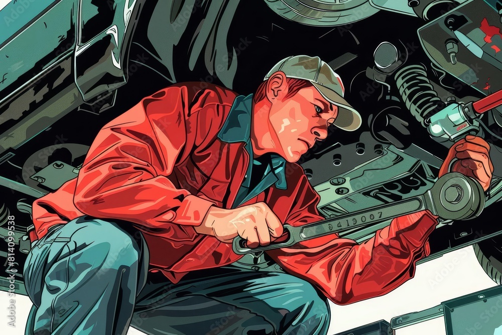 mechanic working under car repairing with offset spanner automotive service closeup digital illustration