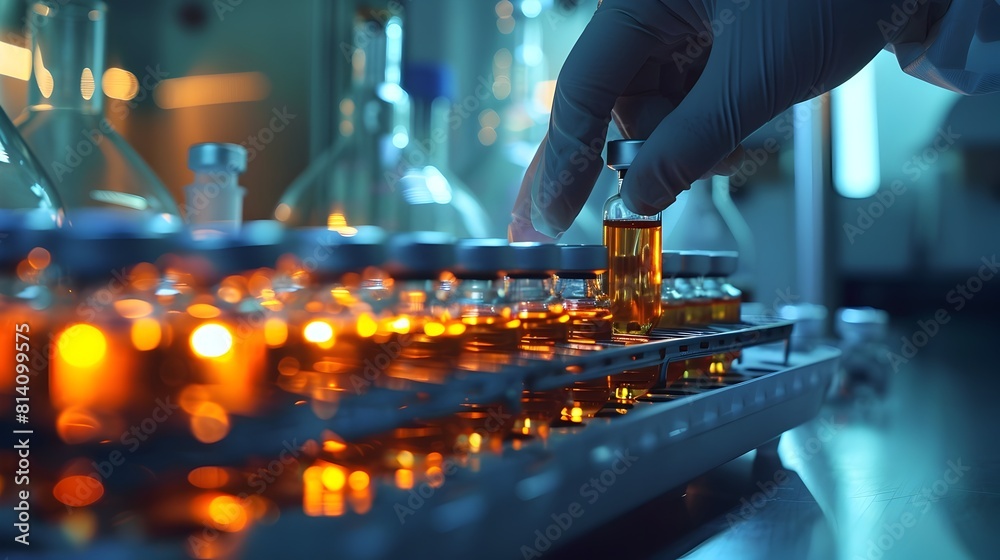 Closeup of Lab Worker s Hand Placing Filled Vaccine Vials into Tray with Reflective Glass and Liquid