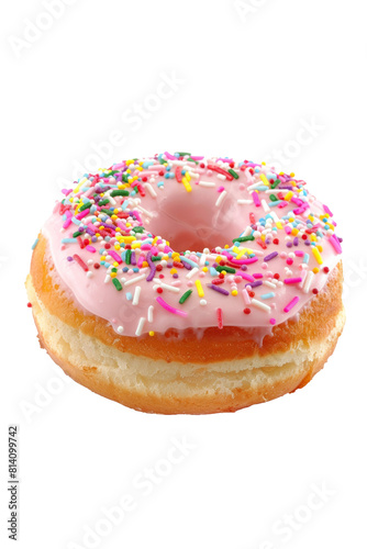 Donut with pink glaze and colourful sprinkles on transparent background, png