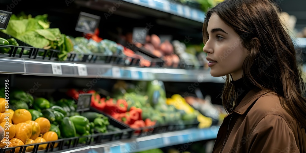 Exploring Colorful Produce in Supermarket: Young Woman in Brown Jacket. Concept Colorful Produce, Supermarket, Young Woman, Brown Jacket, Exploring