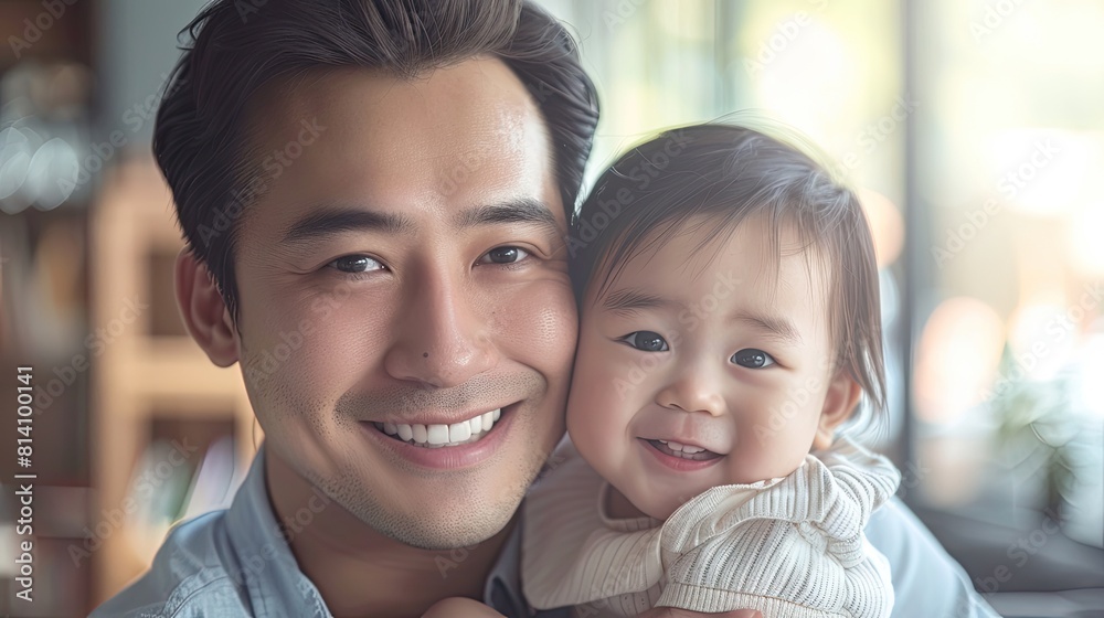 Portrait of an Asian dad hugging a child in the living room Portrait of an Asian dad hugging a child in the living room