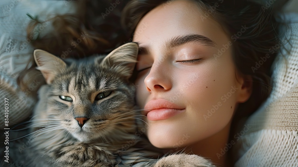 Beautiful woman posing hugging with cat at home Beautiful woman posing hugging with cat at home