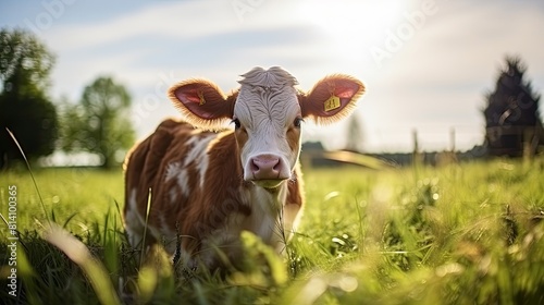 Portrait of a cow posing in a field with fresh green grass. © MiguelAngel