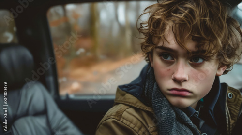 A young boy in a car looking at the camera.