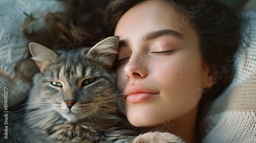 Beautiful woman posing hugging with cat at home