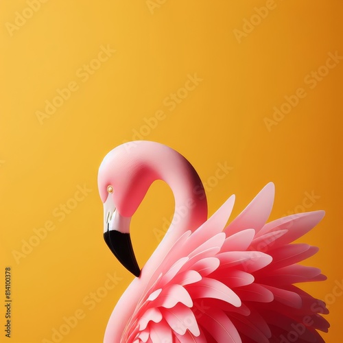 A minimalist close-up photo of a flamingo, showcasing the flamingo pink feathers against a vibrant yellow background, captured with a DSLR camera, soft studio lighting, embodying tropical elegance