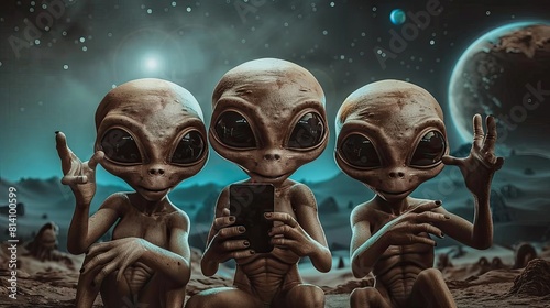 Three aliens taking a selfie with a smartphone.
