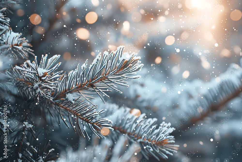Winter background, close up of frosted pine branch on a snowing day with Winter background, close up of frosted pine branch on a snowing day with