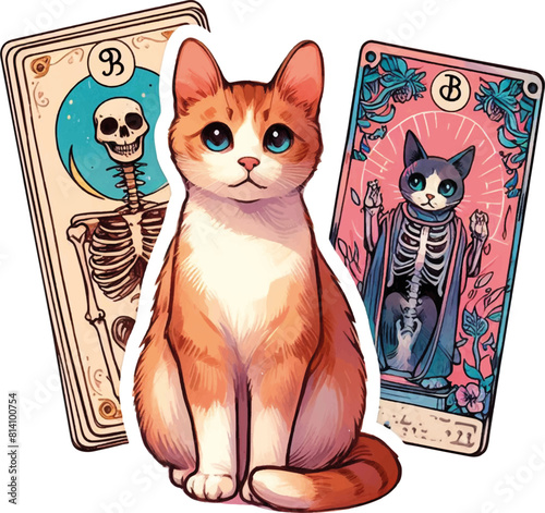 illustration of cute cartoon cat with tarot cards and magic