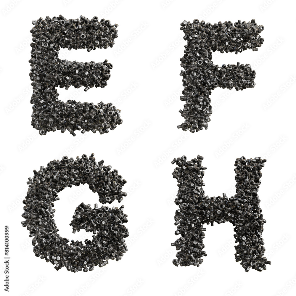 3d render of Nuts and bolts capital letter alphabet - letters E-H 3d render of Nuts and bolts capital letter alphabet - letters E-H