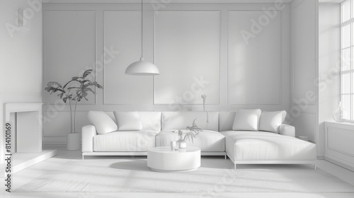 White corner sofa near fireplace. Scandinavian home interior design of modern living room. realistic