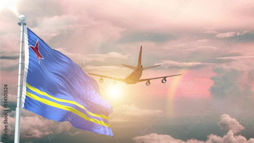  Aruba flag Waving Realistic With Sky Plane Takes Off At Sunrise